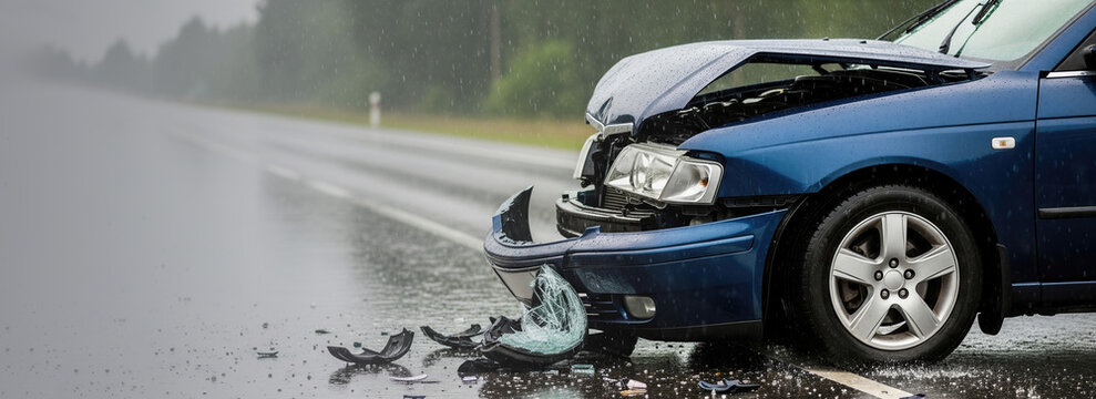 Blue car involved in highway accident on rainy day. Damaged vehicle after collision with crushed bumper and broken glass on wet asphalt. Road safety, traffic insurance. Banner with copy space