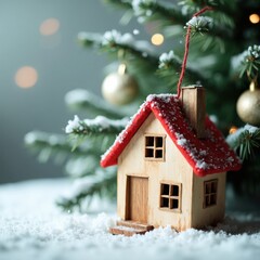 Naklejka premium Charming Wooden House Ornament Surrounded by Snow and Christmas Tree Decorations