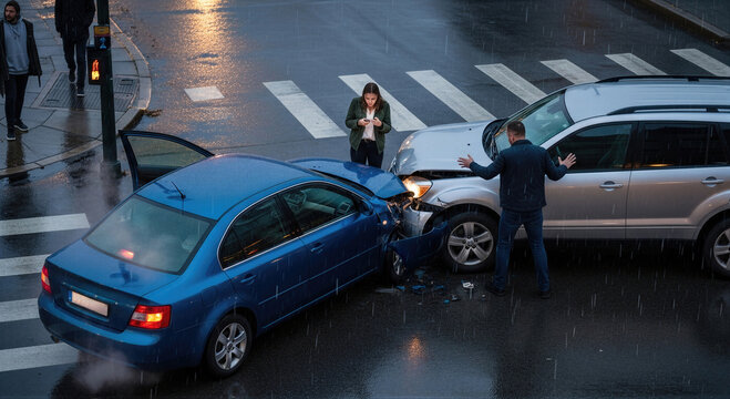 Man and woman involved in car crash on rainy city street. Traffic accident with collision between two vehicles at crosswalk. Emergency situation for insurance or legal concept.