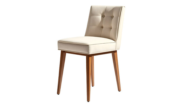A wooden-legged chair with cream upholstery, a button-tufted back, and a simple design