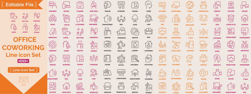 Office, Workspace and Coworking linear icon collection. Big set of 100 Office, Workspace and Cowering icons. Thin line icons collection. Vector illustration