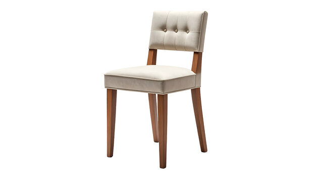 A wooden chair with light beige upholstery and button tufting against a black background