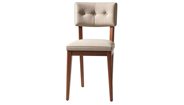 Isolated view of a wooden chair with beige upholstered seat and back against black backdrop