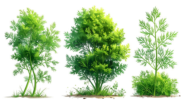 Watercolor-style depiction of three verdant bushes with varying foliage, isolated on black