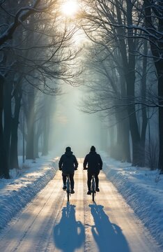 Two persons ride bicycles on snowy forest path, low winter sun shines creating long shadows. People wear warm clothes, enjoying cold weather outdoors. Scene feels peaceful and solitary.