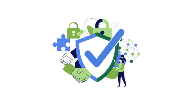 Data Security and Trust Protection Illustration: Cybersecurity, Network Privacy, and Digital Partnership Solutions