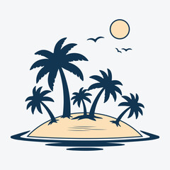 Fototapeta premium Minimalist line art illustration of a tropical island with palm trees, sun and flying birds over the sea water waves for summer branding