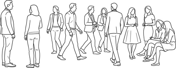 Business people group line art illustration, office workers walking talking and meeting characters set, corporate lifestyle vector design