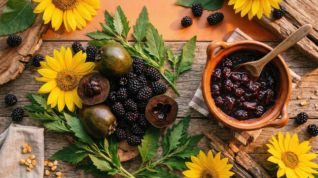 Fruity and floral composition of Mexican blackberries and zapote negro with sunflowers and rustic wooden elements  