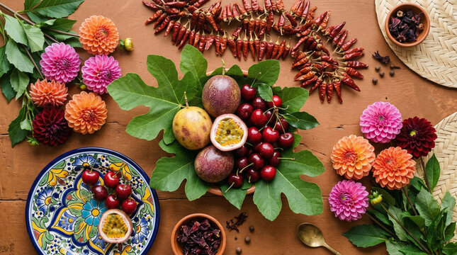 Fruity and floral composition of Mexican passion fruit and capul&iacute;n cherries surrounded by colorful dahlia flowers and dried chili  