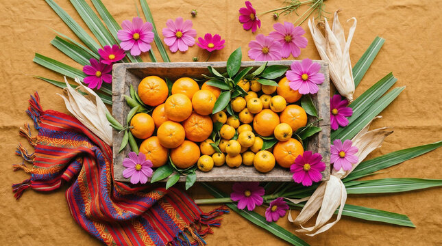 Fruity and floral composition of Mexican tangerines and tejocotes surrounded by bright cosmos flowers, green sugarcane leaves, and rustic corn husks  