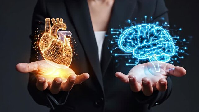 Woman holding glowing heart and brain models. Emotional intelligence and decision making concept. Professional female balancing love and logic symbols for business choices.