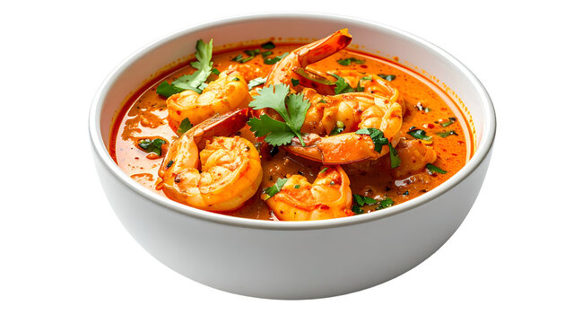 A white bowl filled with spicy shrimp curry, garnished with cilantro