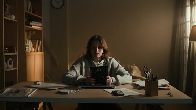 Medium shot of young Caucasian woman looking at old photograph, then throwing all things off table in fit of rage in bedroom at night