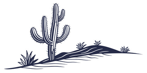 A desert landscape with a large cactus and smaller plants on a hill © AX