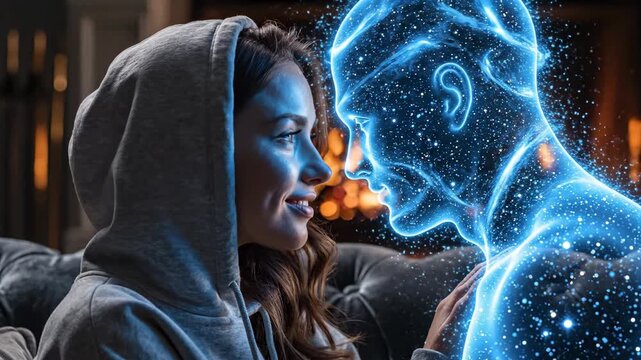 Woman approaching glowing holographic man. Romantic digital embrace in futuristic setting. Intimate virtual reality interaction with blue avatar.