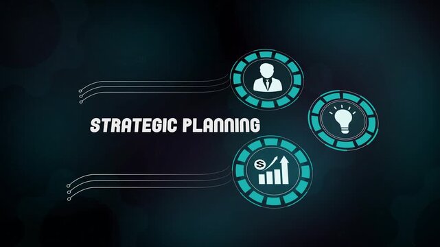 Professional strategic planning management and corporate business development concept with digital motion graphics. Strategic organizational roadmap icons and long term success visualization.