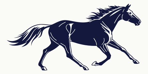 Dark blue horse silhouette running with flowing mane and tail © AX
