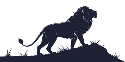 A majestic lion silhouette standing proudly on a grassy hill with a regal mane and tail © AX