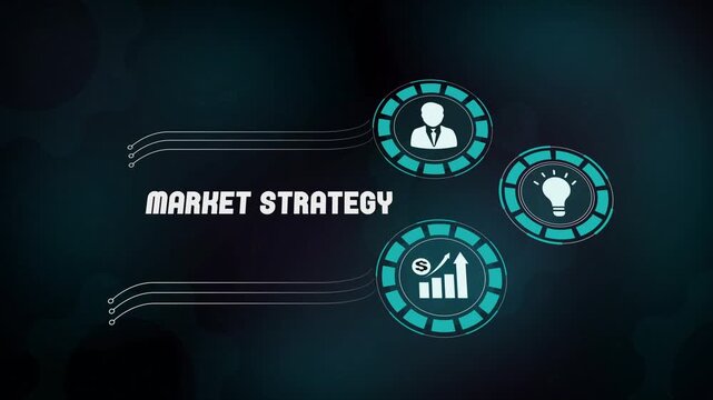 Professional market strategy management and corporate business planning concept with digital motion graphics. Strategic competitive analysis icons and organizational success visualization.