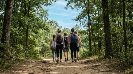 A group of friends with backpacks hiking together on a sunny day through a lush green forest path © Sheplob