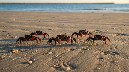 A group of dark crabs walking across a wet sandy beach near the ocean during a sunny afternoon © Sheplob
