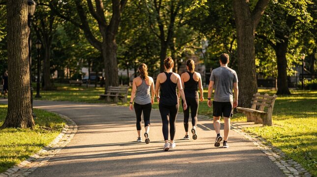 A group of four friends walking together on a paved path in a lush green park during the daytime