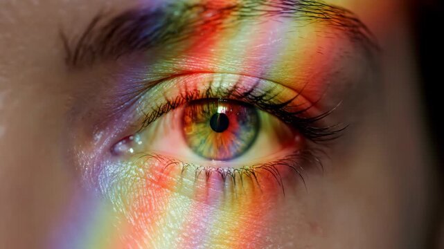 Womans eye gradually illuminated by rainbow light in close-up sequence. Prism refraction effect creating colorful spectrum in iris and pupil. Artistic vision and optical illusion concept with magical