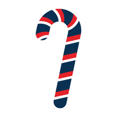 Red and blue striped candy cane with a festive holiday design and curved hook shape