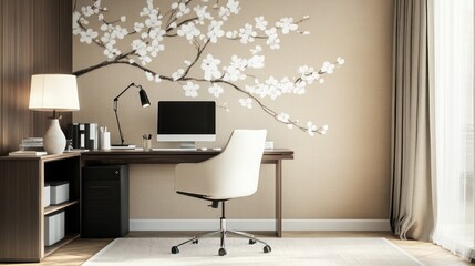 Naklejka premium Office space with flower mural, wooden desk, and chair, creating calm atmosphere