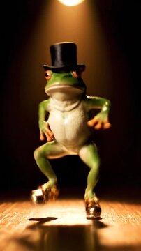 Green frog figurine with top hat tap dancing under spotlight