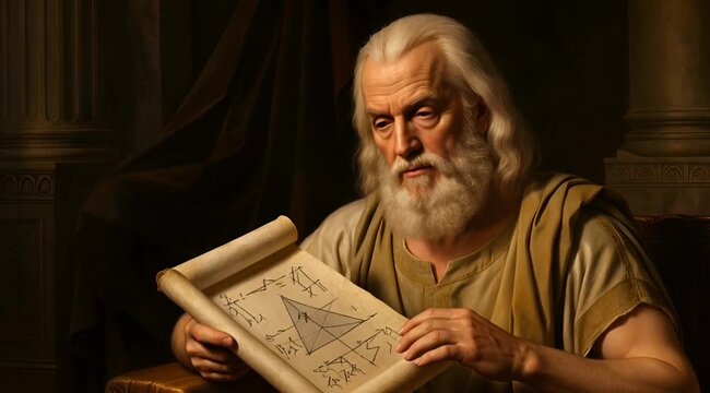 Classical Oil Painting of Pythagoras with Scroll and Copy Space