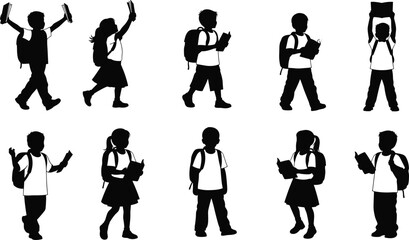 Obraz premium School children silhouette set with backpacks reading books walking and studying, student activity vector icons isolated, education concept illustration for school learning design