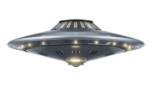 Digitally rendered stylized flying saucer, a sleek metallic alien spacecraft hovering with mysterious glowing lights, symbolizing advanced extraterrestrial technology and the unknown