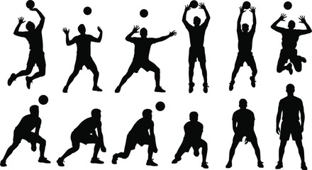 Basketball player silhouettes set showing dribbling, jumping, shooting and passing actions, sports activity vector illustration collection isolated on white background © Sarmin Creatives