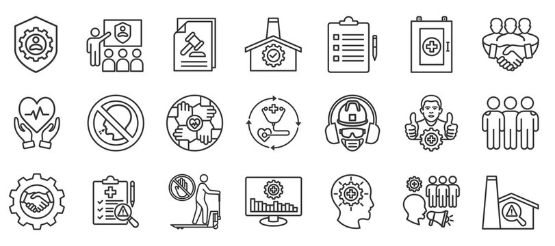 Work safety outline icon set. Contain regulation, training, safety culture, work safety, procedure, audit, commitment, collaboration, safety induction, MCU, PPE, teamwork, awareness, safety inspection