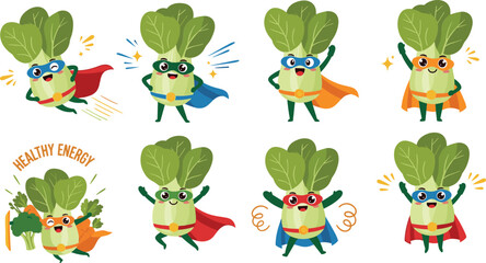 Cute bok choy superhero cartoon characters healthy vegetable mascot flying power energy kawaii food vector illustration set © Sumon Creative