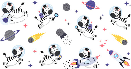 Cute Cartoon Zebra Astronaut Exploring Space With Planets, Rockets And Meteors, Adorable Animal Cosmonaut Character Vector Illustration Collection For Kids © MdNipon