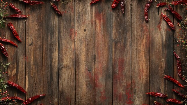 Spicy chili peppers frame old rustic wood table background, food ingredient use
