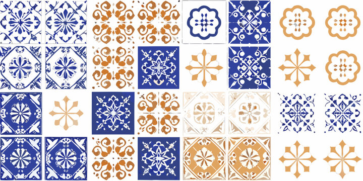 Collection of ornate portuguese azulejo tiles in blue and orange hues