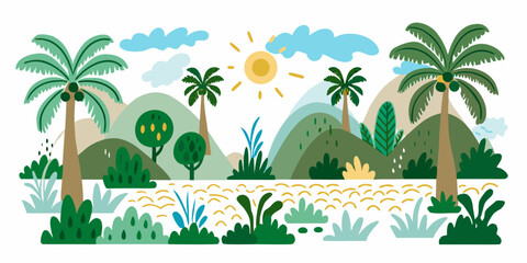Obraz premium Stylized tropical landscape with palm trees mountains and a bright sun