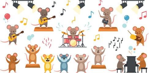 Cute music band mice cartoon set mouse characters playing guitar drums piano performing concert vector illustration collection © MdNipon