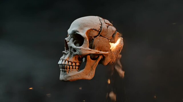 Burning crumbling sand stone skull turning floating dark ash ember wind blow death decay time passing destruction spooky horror motion background