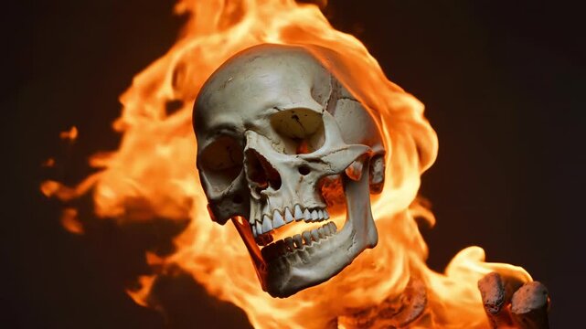 Burning human bone skull bright orange fire flame dark void spooky horror nightmare death danger hell inferno magic spell surreal motion background