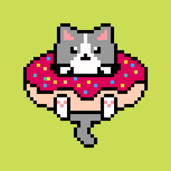 Fototapeta premium Cute Cat Hanging on Donut Pixel Art Character, Kawaii Retro 8 Bit Dessert Animal Icon