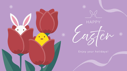 チューリップの中のウサギとヒヨコ イースターのイラスト Easter illustration Bunny, chick and tulip. © ayusloth