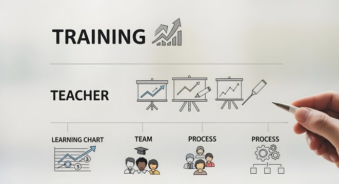 A teacher is giving a training session with graphs and charts on a presentation board