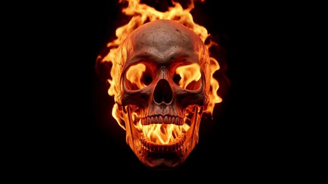 Burning human skull wrapped in roaring bright orange fire flame dark void spooky horror nightmare hell inferno danger evil magic spell motion