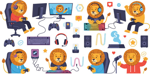 Lion gamer streaming cartoon set gaming character playing video games computer joystick headset online entertainment vector illustration collection © MdNipon