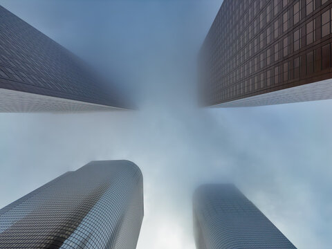 Four skyscraper towers shoot upward from each corner of the frame, fog and sky filling the center symmetrically